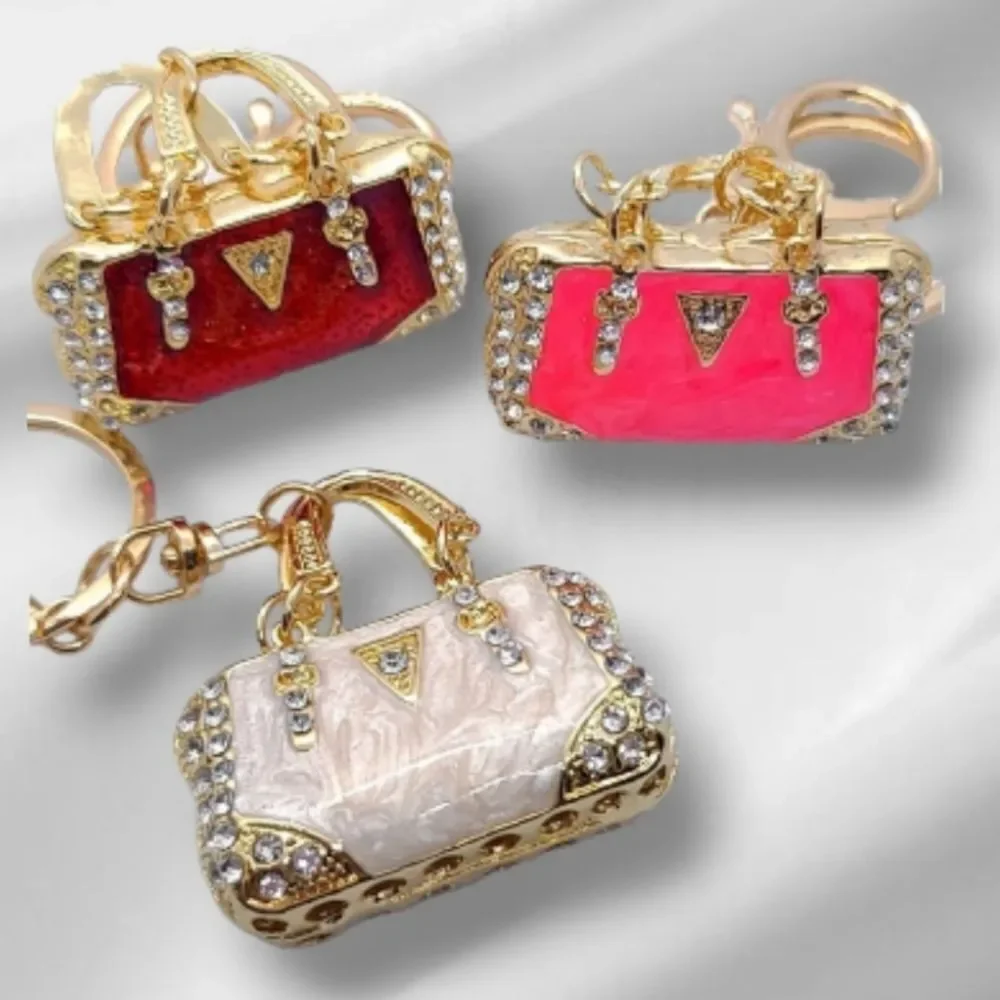 Red Mini Handbag Purse Charm Keychain Rhinestone Gold Bag Clip Enamel Accessory